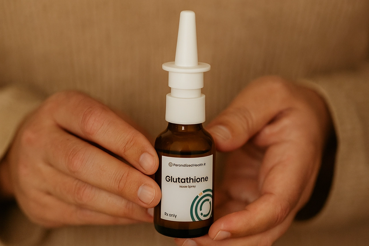 hands holding a bottle of Personalized Health Rx Glutathione Nasal Spray